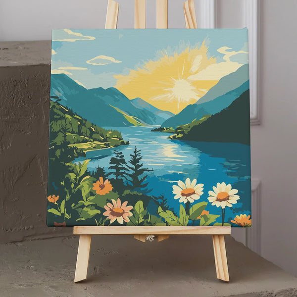 Scenic mountain lake painting with vibrant flowers and sunrise