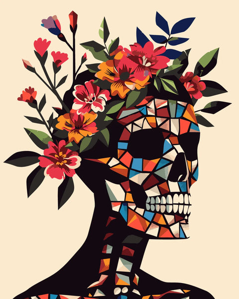 Colorful mosaic skull with vibrant flowers growing from it