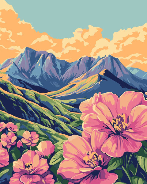 Vibrant pink flowers in a lush mountain landscape at sunset