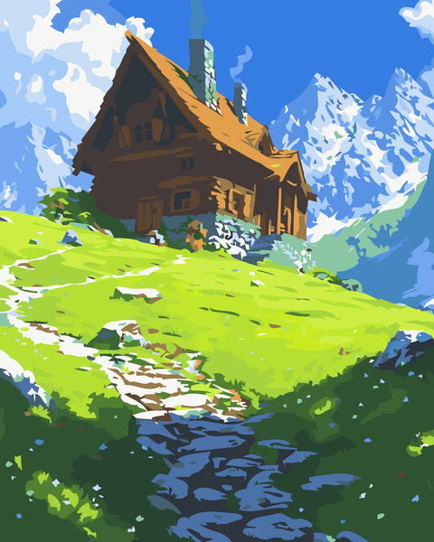 Cozy wooden cabin on a green hillside with snowy mountains