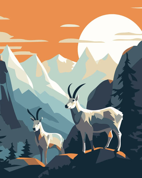 Mountain goats standing on rocky cliffs with a sunset backdrop