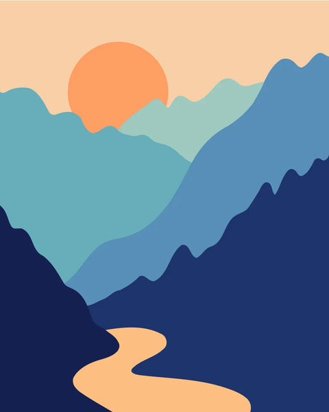 Minimalist sunset over layered mountains with a winding river
