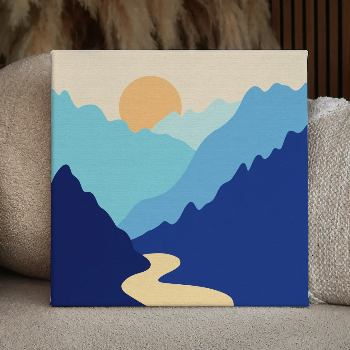 Minimalist sunset over layered mountains with a winding river