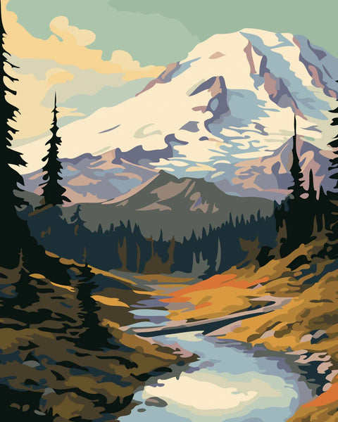 Snow-capped mountain with a winding river and tall pine trees