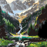 Majestic mountain landscape with a waterfall flowing into a lake