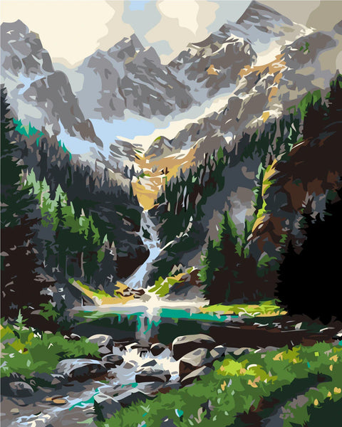 Majestic mountain landscape with a waterfall flowing into a lake