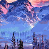 Vibrant mountain landscape with tall trees and a colorful sunset