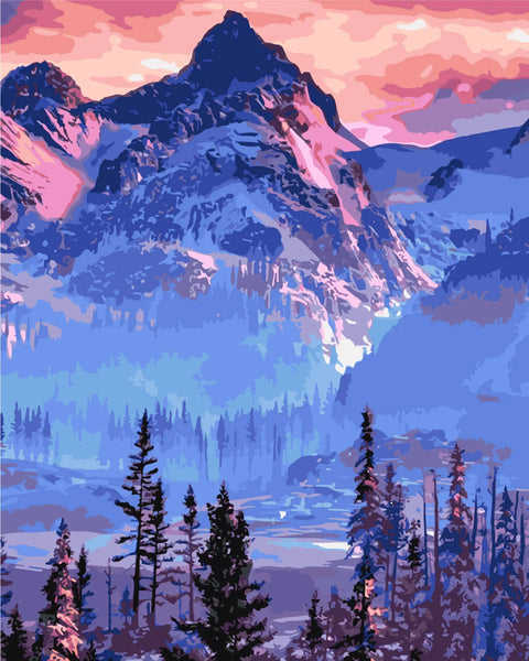 Vibrant mountain landscape with tall trees and a colorful sunset