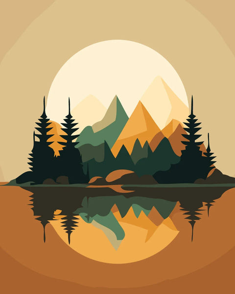 Minimalist landscape with mountains, pine trees, and lake reflection at sunset