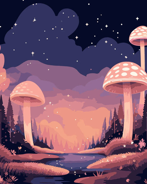 Fantasy landscape with giant glowing mushrooms and a starry night sky