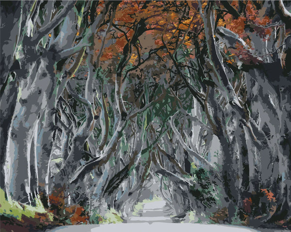 Enchanted tree tunnel with autumn leaves and a misty path
