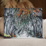 Enchanted tree tunnel with autumn leaves and a misty path