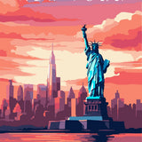 Statue of Liberty with colorful sunset over New York skyline