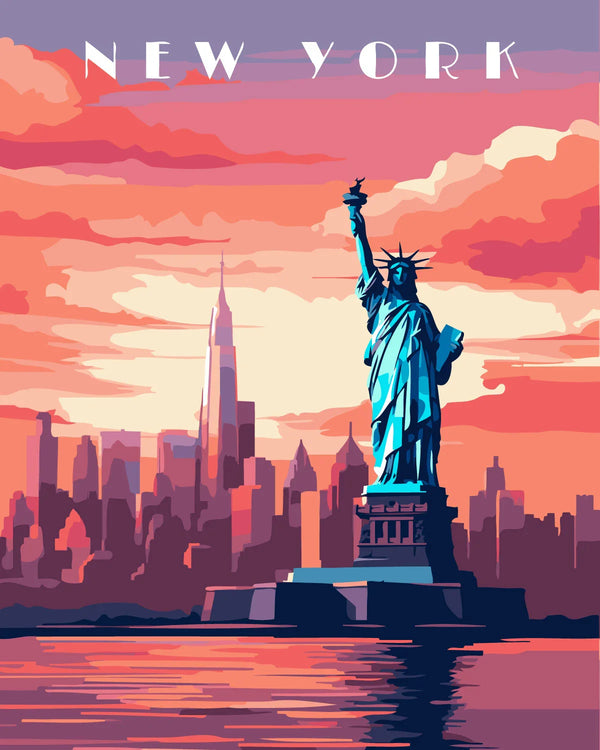 Statue of Liberty with colorful sunset over New York skyline