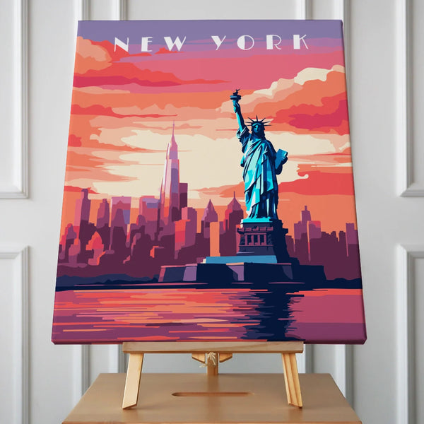 Statue of Liberty with colorful sunset over New York skyline