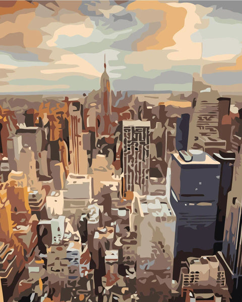 Abstract cityscape painting of New York skyline at sunset