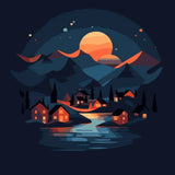 Cozy village under a glowing sunset with mountains and lake