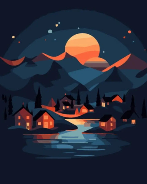 Cozy village under a glowing sunset with mountains and lake