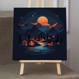 Cozy village under a glowing sunset with mountains and lake