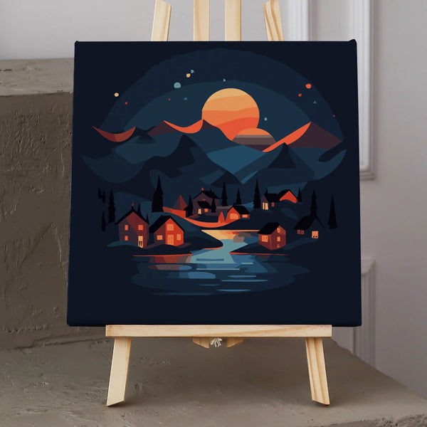 Cozy village under a glowing sunset with mountains and lake