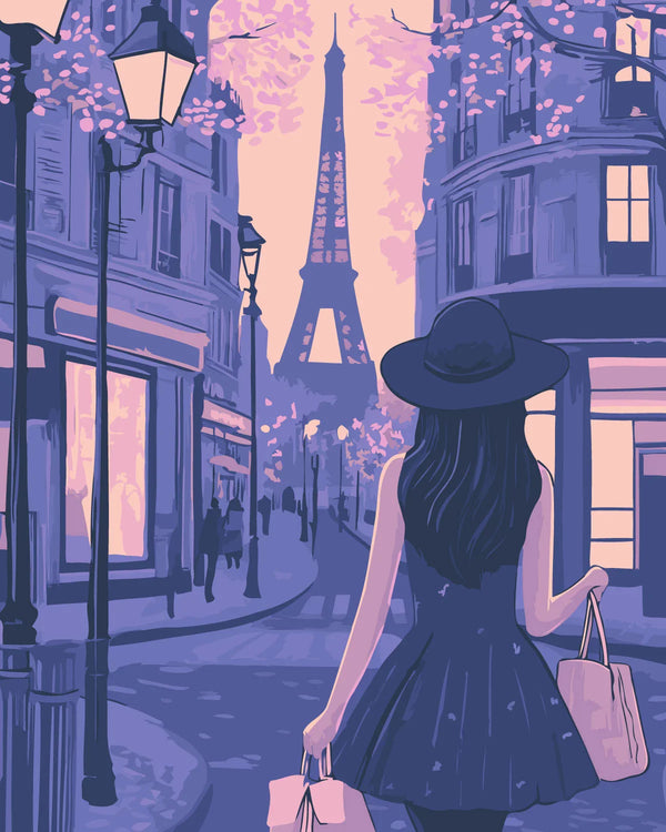 Stylish woman shopping in Paris with Eiffel Tower view