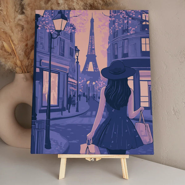Stylish woman shopping in Paris with Eiffel Tower view
