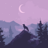 A lone wolf stands atop a mountain peak, silhouetted against a crescent moon and starry night sky, surrounded by misty purple mountains and pine trees.