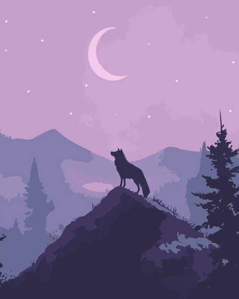 A lone wolf stands atop a mountain peak, silhouetted against a crescent moon and starry night sky, surrounded by misty purple mountains and pine trees.