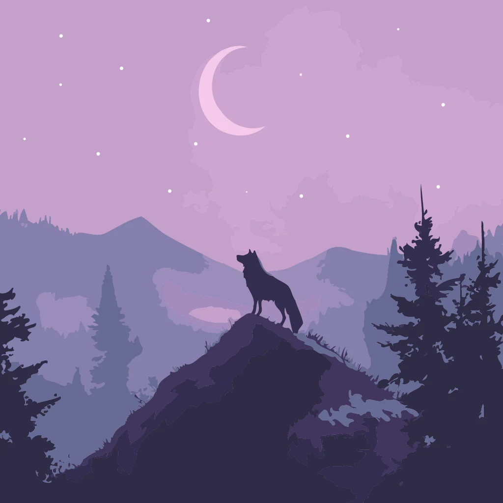 A lone wolf stands atop a mountain peak, silhouetted against a crescent moon and starry night sky, surrounded by misty purple mountains and pine trees.