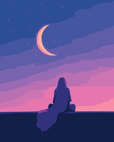 A veiled figure sits in quiet reflection beneath a glowing crescent moon, surrounded by soft purple and pink hues, evoking a peaceful, spiritual ambiance.