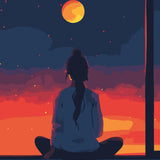 Woman sitting by window watching sunset and moonrise sky