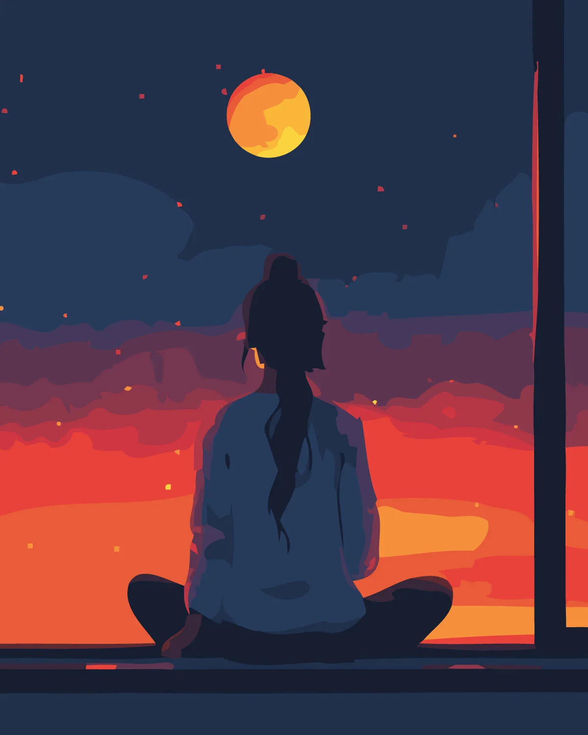 Woman sitting by window watching sunset and moonrise sky