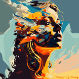 Abstract portrait of a woman blending with a vibrant sunset