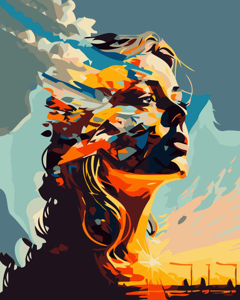 Abstract portrait of a woman blending with a vibrant sunset
