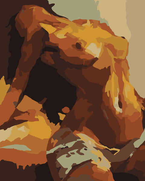 Abstract painting of a muscular human torso in warm tones