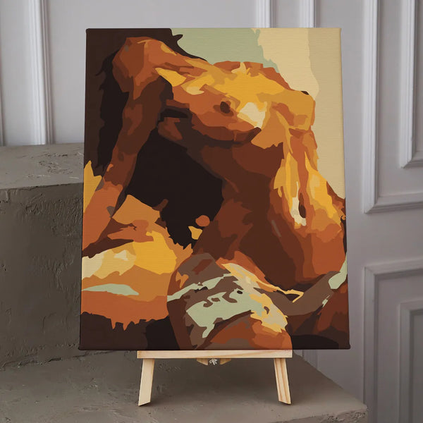 Abstract painting of a muscular human torso in warm tones