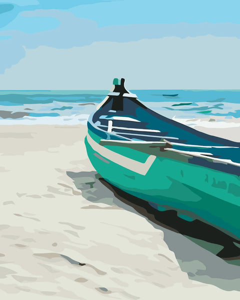 Painting of a green boat resting on a sandy beach