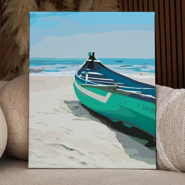 Painting of a green boat resting on a sandy beach