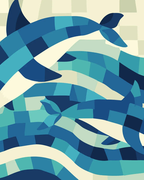 Two blue dolphins swimming in abstract ocean waves pattern