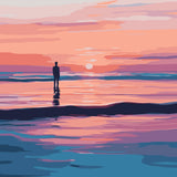 Ocean Pause Paint by Numbers Kit featuring a tranquil ocean scene with a solitary figure standing at sunset, reflected in calm waters.
