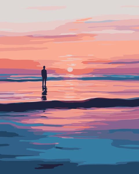 Ocean Pause Paint by Numbers Kit featuring a tranquil ocean scene with a solitary figure standing at sunset, reflected in calm waters.