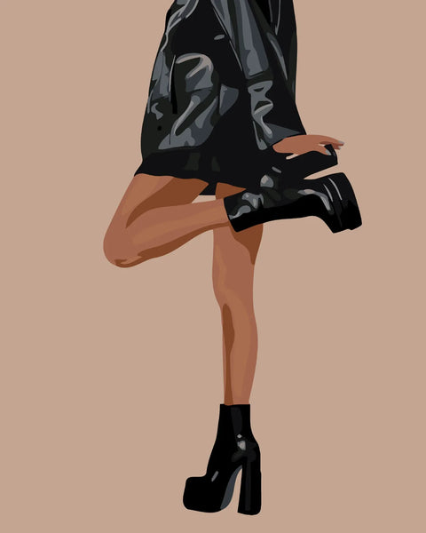 Painting of a stylish woman in black leather jacket and boots