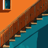 Minimalist painting of an orange wall with a diagonal staircase