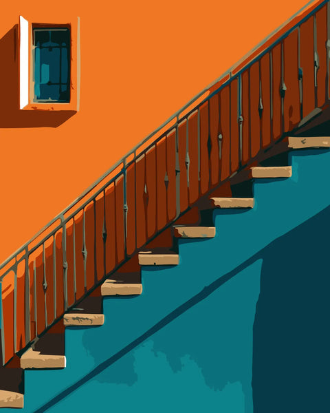 Minimalist painting of an orange wall with a diagonal staircase