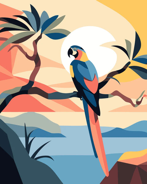 Colorful parrot perched on a tree branch overlooking the ocean