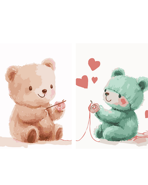 Two adorable bears knitting with love, surrounded by hearts