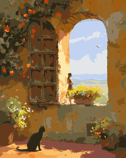 Sunlit courtyard with cat, open door, and distant landscape view