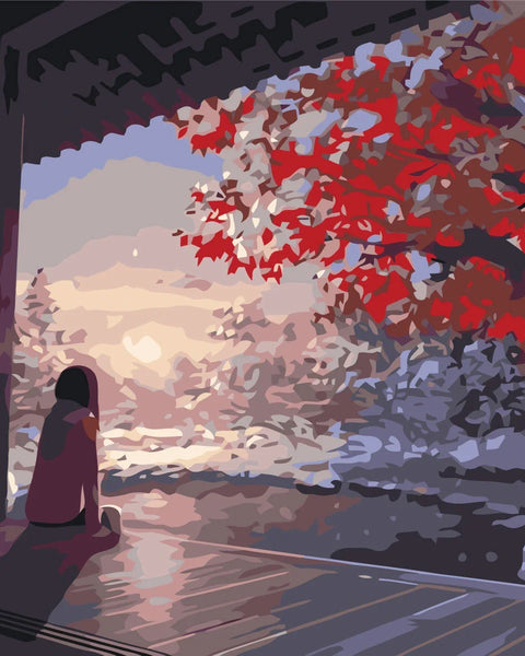 Painting of a woman sitting on a porch admiring winter scenery