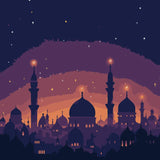 A beautifully illuminated city skyline with domes and minarets glowing under a twilight sky, reflecting the peaceful atmosphere of Ramadan nights.