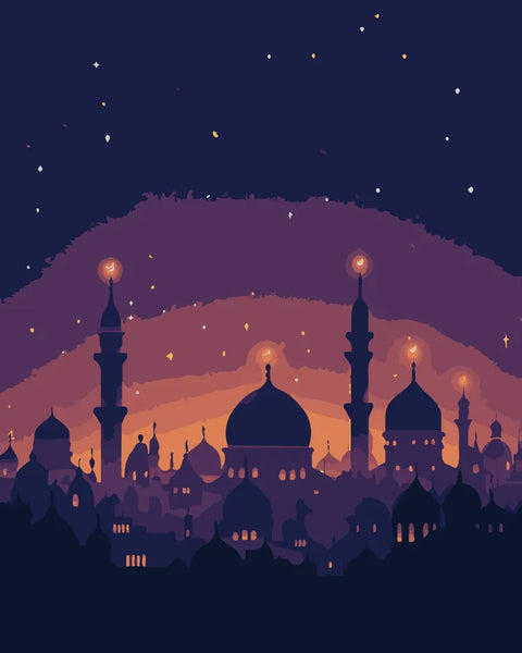 A beautifully illuminated city skyline with domes and minarets glowing under a twilight sky, reflecting the peaceful atmosphere of Ramadan nights.